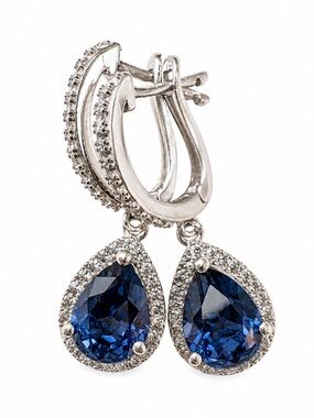 Suzy Levian Sapphire Halo Drop Earrings Sterling Silver Princess Kate Inspired